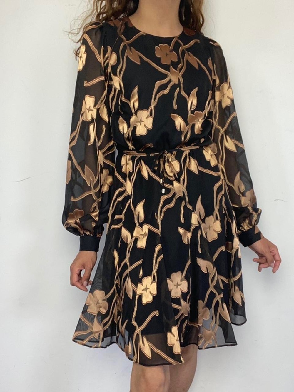 Tommy Hilfiger Black Floral Tie-Waist Long Sleeve Dress